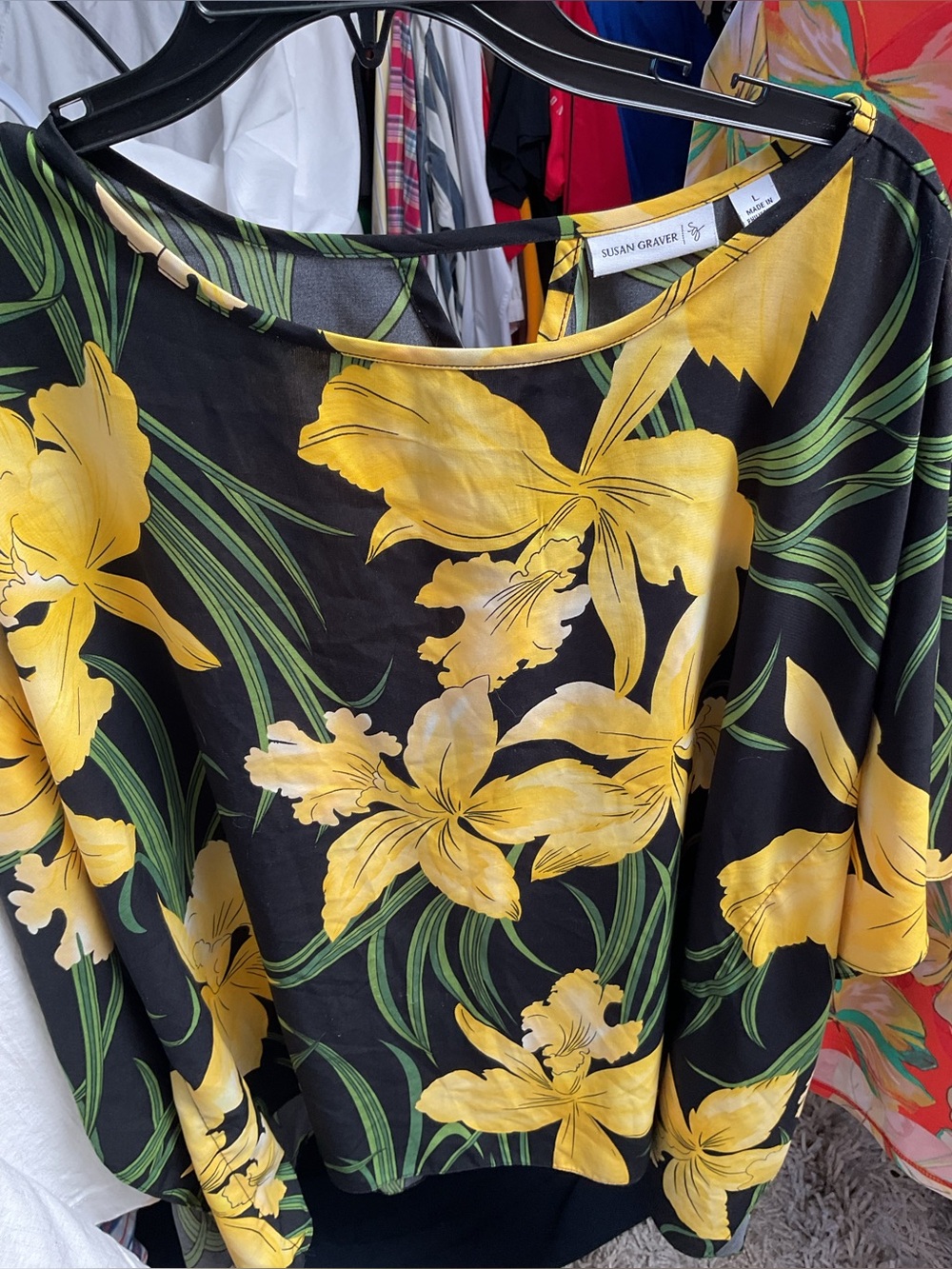 Susan Graver Black Top with Yellow Floral Print